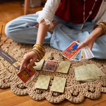 high-angle-woman-reading-tarot-home